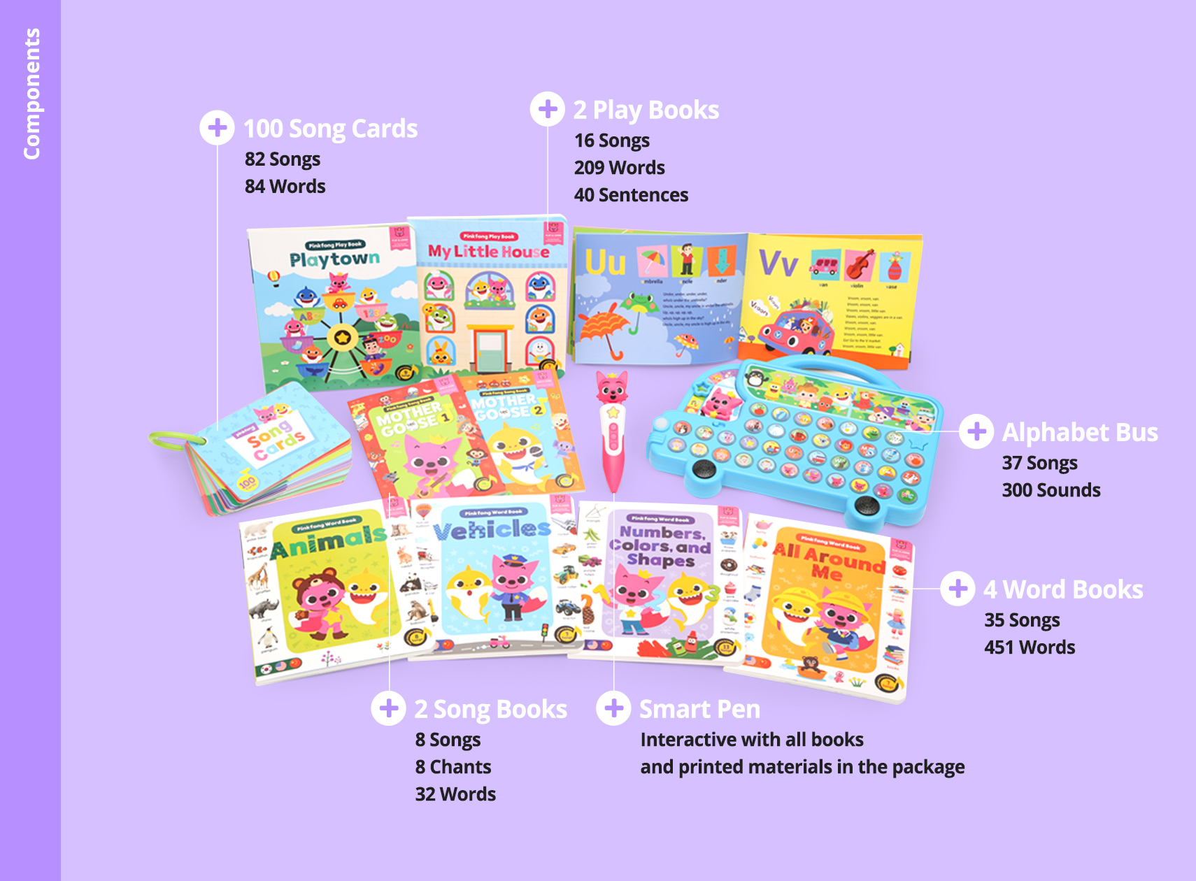Components: 100 Song Cards, 2 Play Books, Alphabet Bus, 4 Word Books, 2 Song Books, Smart Pen