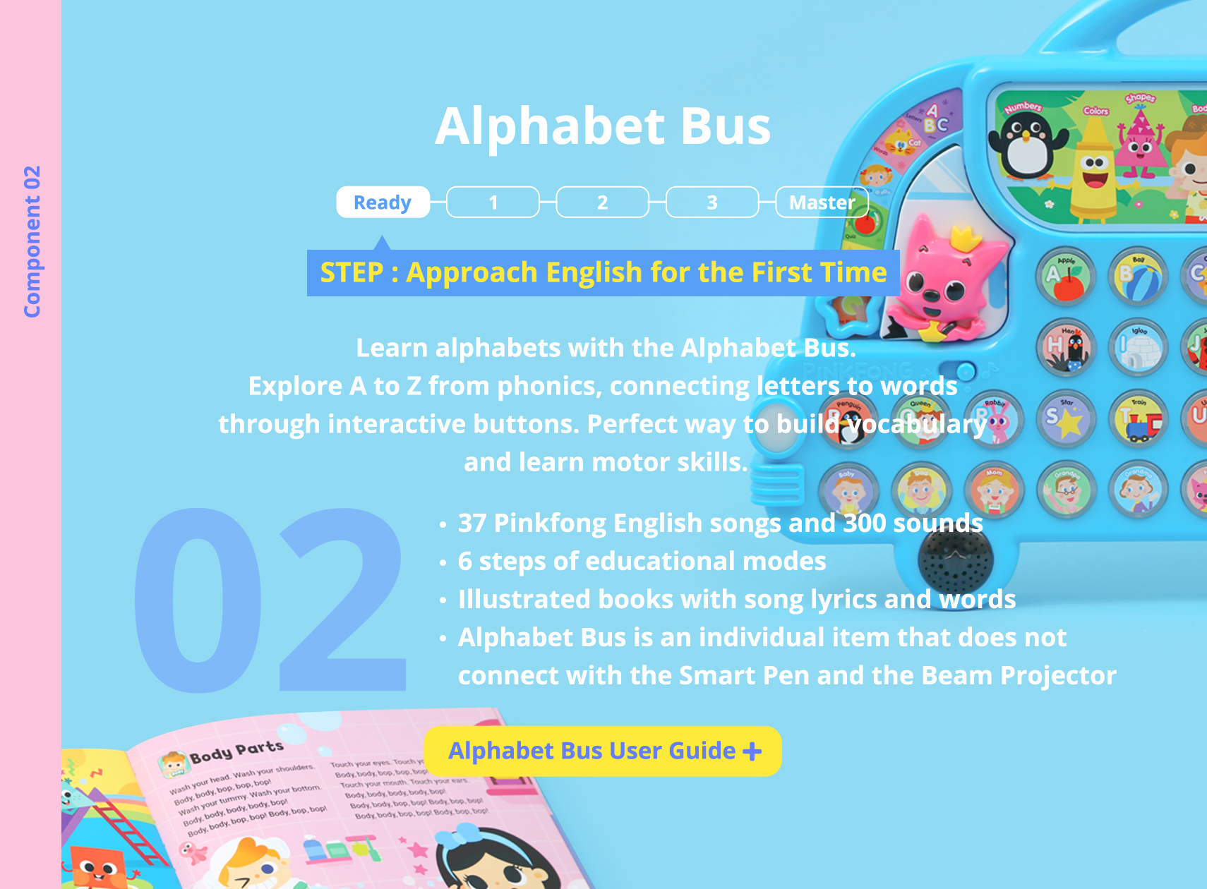 STEP : Approach English for the First Time. Learn alphabets with the Alphabet Bus. Explore A to Z from phonics,  letters to words through interactive buttons. Perfect way to build vocabulary and learn motor skills.